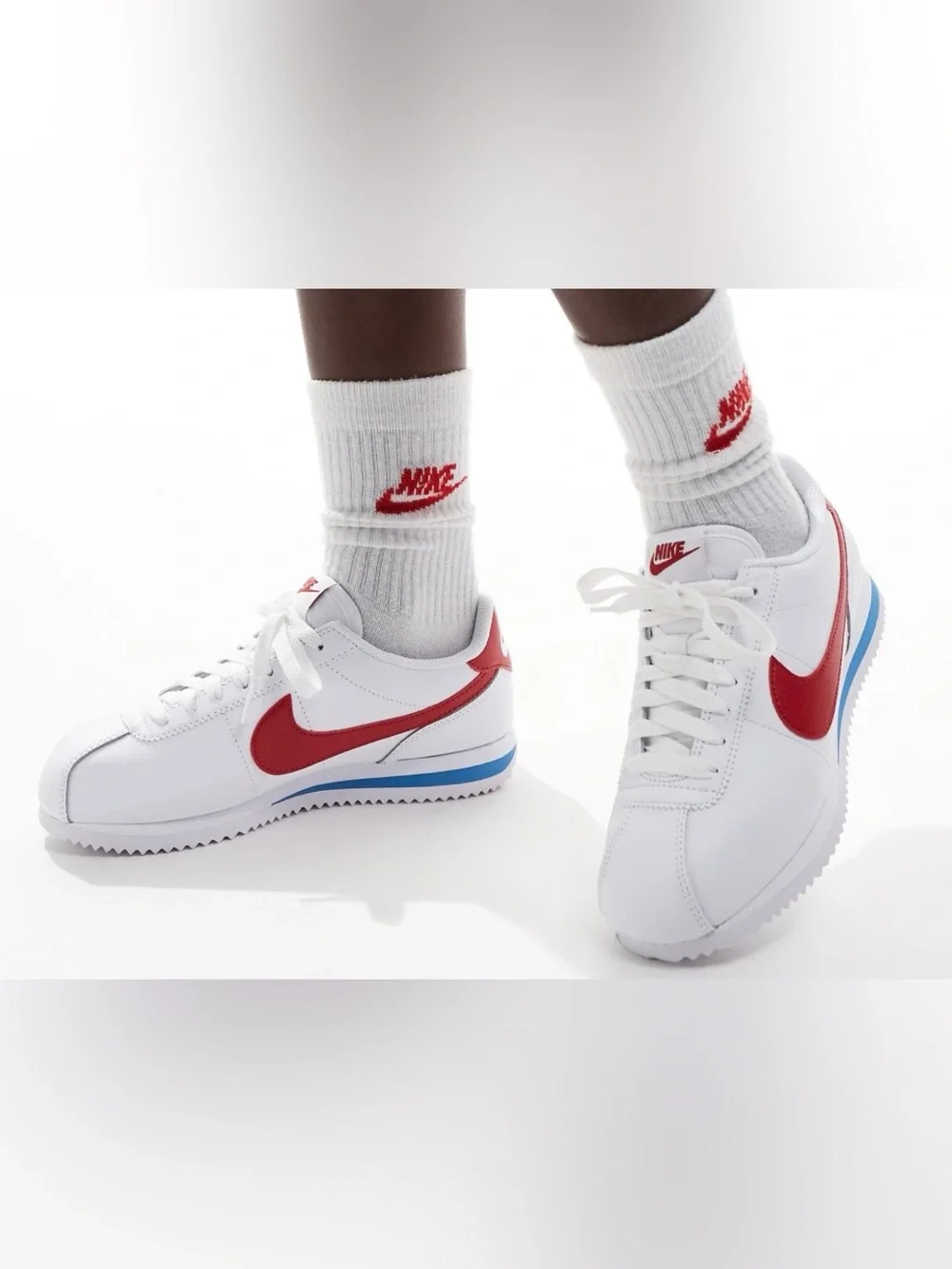 Nike Cortez Leather Sneakers - White/Red with Blue Accent